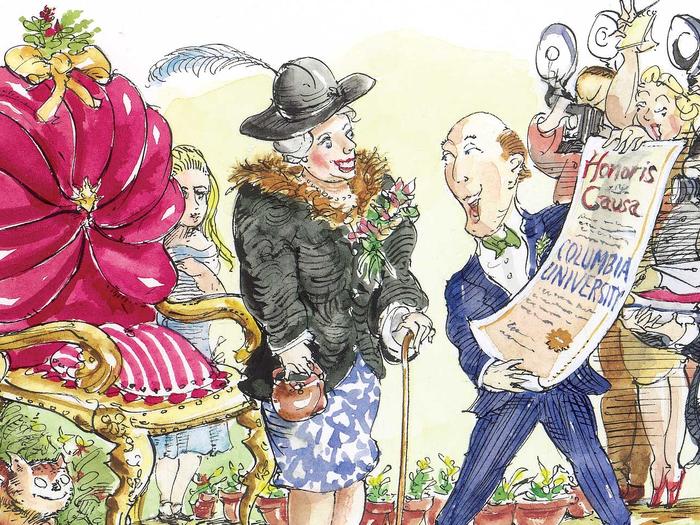 Illustration of Alice in Wonderland and characters at Columbia University, by Mark Steele