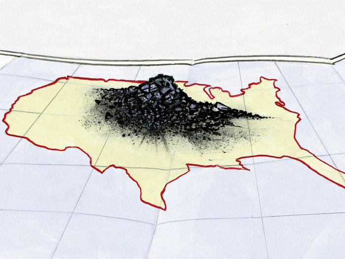 Illustration by Arthur E. Giron of a map of America with a pile of coal on top of it