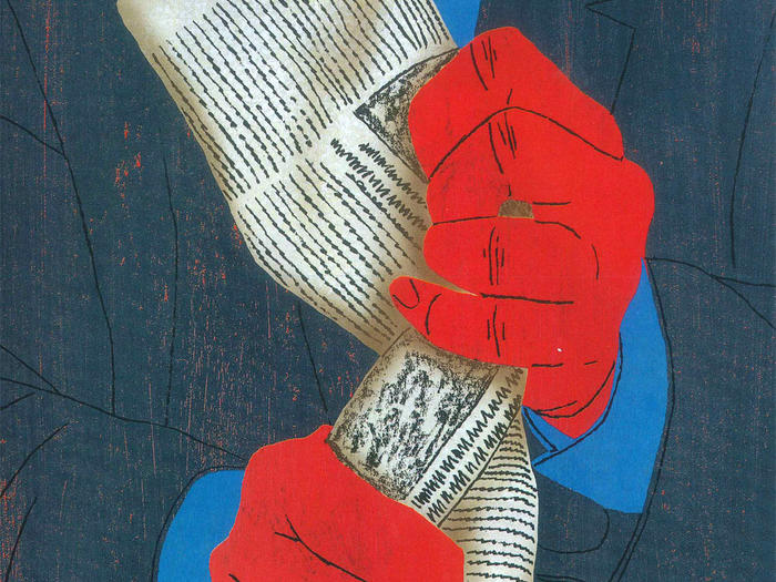 Illustration by Ken Orvidas of a Wall Street banker crushing a piece of newspaper, from the spring 2007 issue of Columbia Magaine