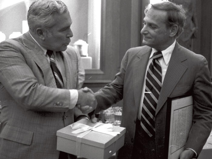 Statistics and economics professor Samuel B. Richmond with B-School dean Boris Yavitz in 1976