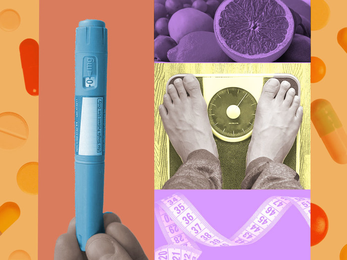 Photo illustration of Ozempic dispenser, pills, grapefruit, scale, and measuring tape