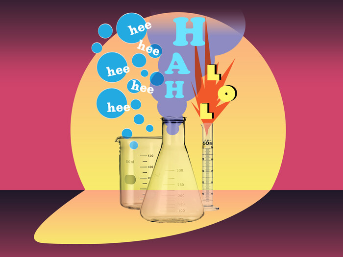 illustration of lab beakers expelling laughs