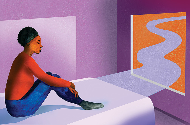 Illustration by Ellen Weinstein of a woman sitting up in bed, looking out a window, to illustrate chronic fatigue syndrome
