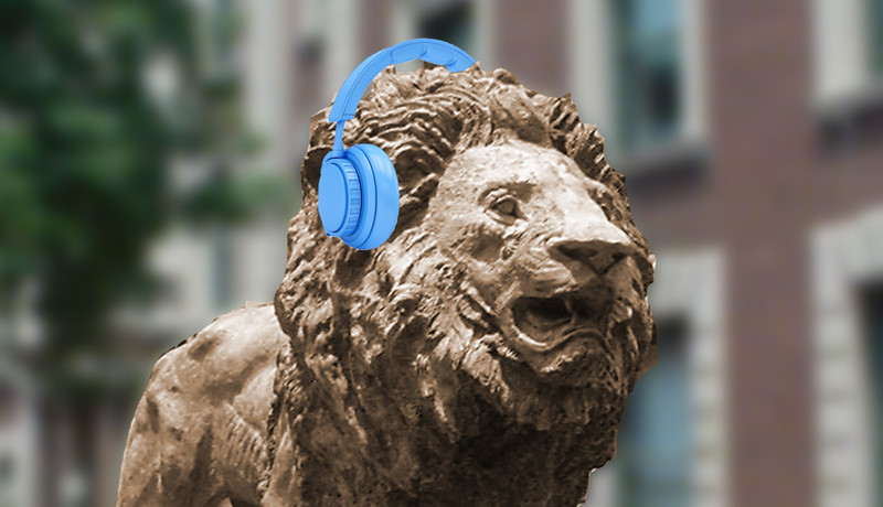 Columbia University Roaree statue wearing blue headphones