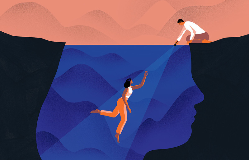Illustration by Monica Garwood of a person shining a light in someone's mind
