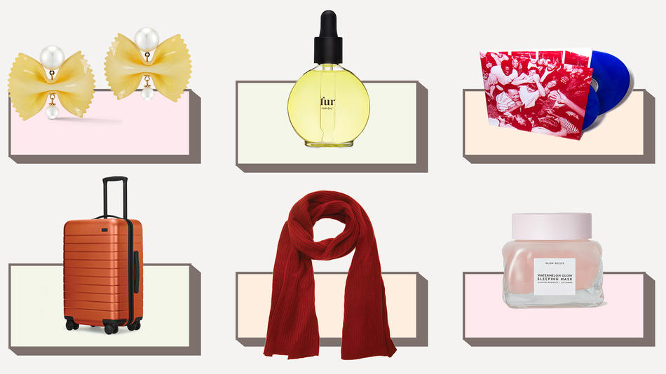 Objects from Columbia Magazine 2019 gift guide: Farfalle earrings from Chefanie, skin oil from Fur, vinyl records, Away suitcase, Grete scarf, Glow Recipe face mask