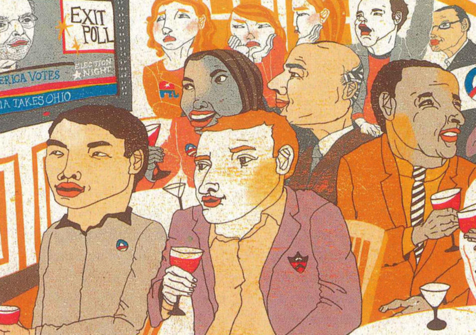 Illustration by Kim Rosen of alumni from Columbia and Princeton watching the 2008 election results