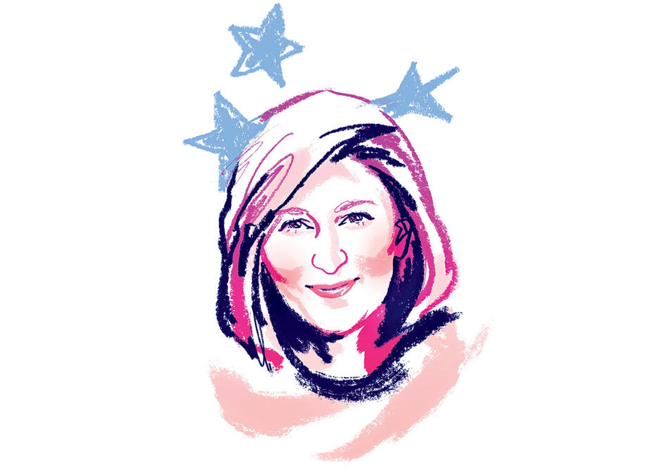 Illustration by Jonny Ruzzo of Erin Geiger Smith, author of Thank You For Voting, for Columbia Magazine fall 2020 issue