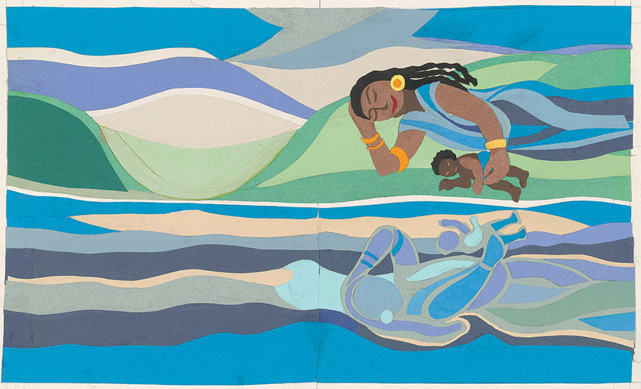 A collage from Sail Away, a book of Langston Hughes poems illustrated by Ashley Bryan