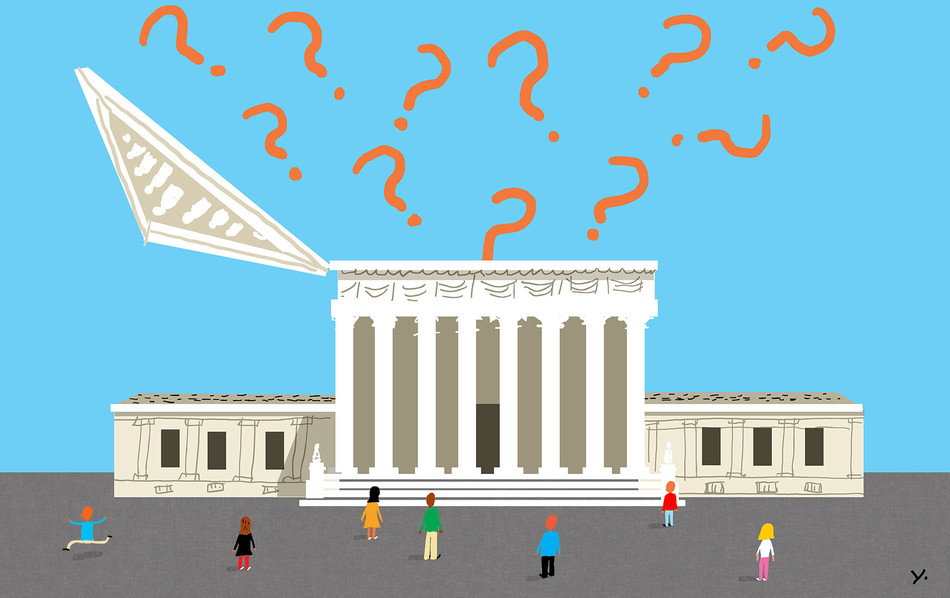 Illustration of question marks coming out of the roof of the Supreme Court Building by James Yang
