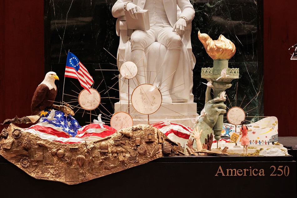 The America250 cake by Grace Pak, in the James Madison Memorial Building at the Library of Congress