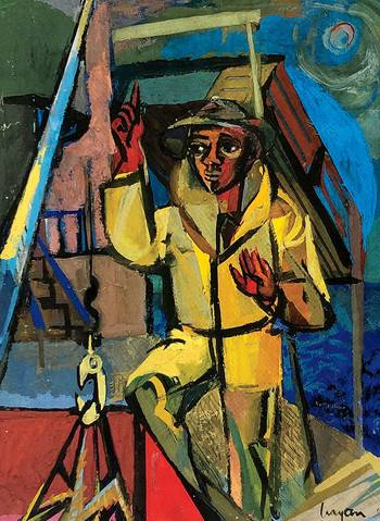 Painting of a winch operator on a military ship by Ashley Bryan